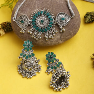 DEGHLAM Green Choker Jewel Set with Jhumkas: Natural Elegance